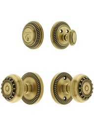 Grandeur Newport Entry Door Set, Keyed Alike with Parthenon Knobs in Antique Brass.